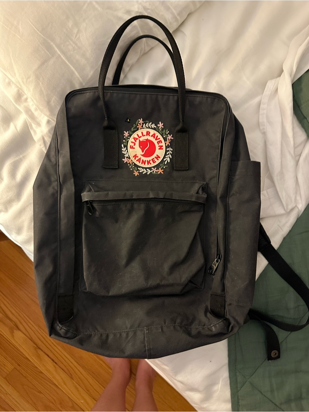 Fjallraven Kanken Black Backpack with Floral embroidery